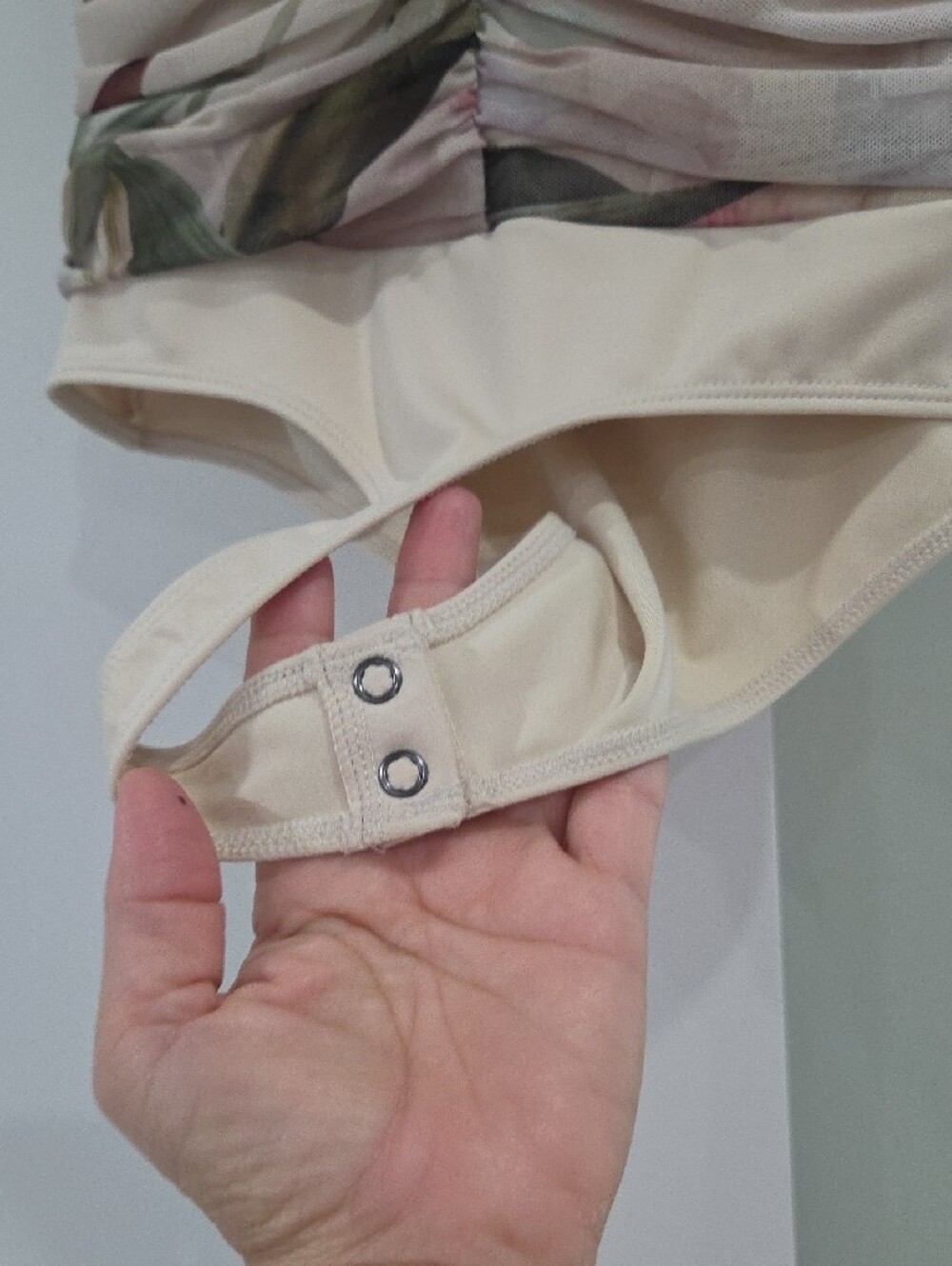 Express Beige Floral Ruched One-Piece Bodysuit - Picture 3 of 5